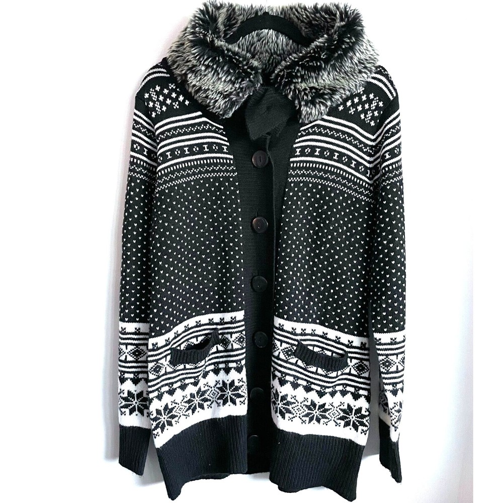 River Island Cozy Faux Fur Collar Fair Isle Print Longline Button Up Cardigan XL